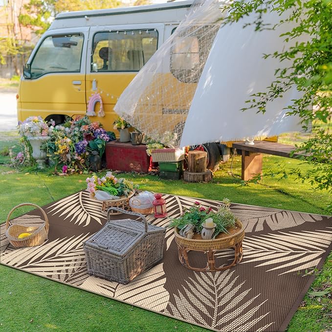 GENIMO Outdoor Rug 5' x 8' Waterproof for Patios Clearance, Reversible Outdoor Plastic Straw Camping Rug Carpet, Large Area Rugs Mats for RV, Camper, Deck, Balcony, Porch, Beach, Picnic, Coffee&Beige