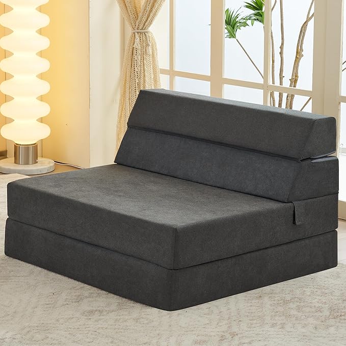 jela Foldable Sofa Bed Soft Foam Convertible Sleeper Chair Luxury Miss Fabric Fold Out Chair Bed Floor Couch with Back Support Floor Sofa for Living Room Bedroom (Twin,Dark Gray)