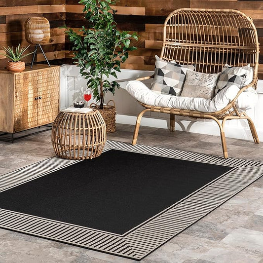 nuLOOM 9'6" x 12' Outdoor Area Rug, Casual Design With Striped Border, Stain Resistant, Highly Durable, For Patio, Balcony, Bedroom, Living Room, Dining Room, Bathroom, Black