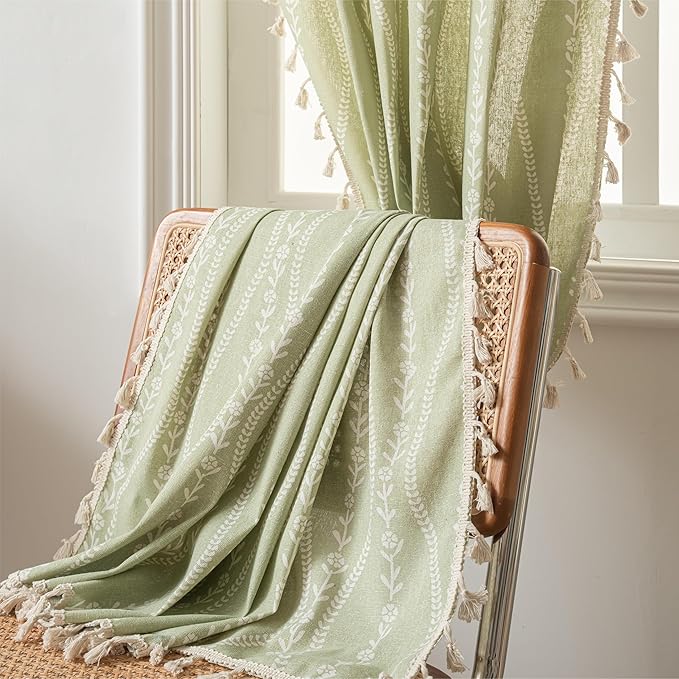 Sutuo Home Boho Curtains 63 Inches Length for Kitchen Doorway Cafe Dining Room, Vintage Tassels Window Treatment Drape for Xmas Decorations Rod Pocket, 1 Panel 59" W x 63" L,Green Stripe Floral