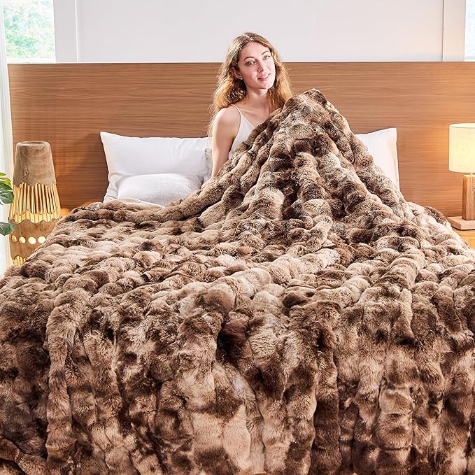 Lotus Karen Faux Fur Throw Blanket Tie-Dye Dark Coffee - Big Bubble Rabbit Fluff Blanket for Couch, Large Fluffy Fuzzy Cozy Blanket,Thick Furry Plush Shaggy Blankets,90x90 Inches
