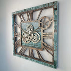 The Gears Clock 24'' Inch Square Real Moving Gear Wall Clock Vintage Industrial Oversized Rustic Farmhouse (Aqua Green)
