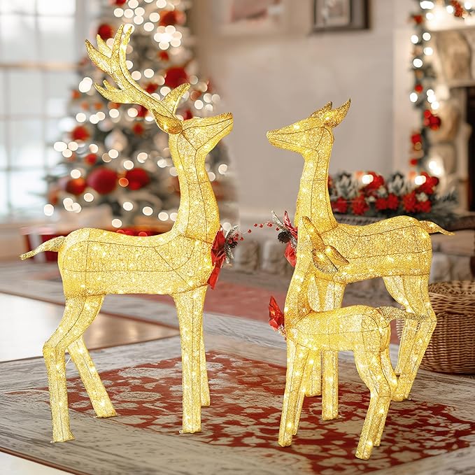 4.5FT Lighted Reindeer Family Set for Christmas Decoration, 3 Pieces Pre-Lit Iridescent Deer with 200 LED Lights, 3D Glittered Standing Holiday Display for Outdoor, Indoor, Golden
