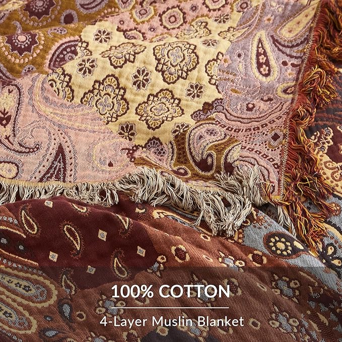 Boho Throw Blanket for Couch Sofa Bed, 100% Cotton Woven Quilt with Tassel 80”x90”, Super Soft Muslin Blanket with Patchwork Printed, Decorative Reversible Bed Blanket/Cover for All Seasons