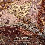 Boho Throw Blanket for Couch Sofa Bed, 100% Cotton Woven Quilt with Tassel 80”x90”, Super Soft Muslin Blanket with Patchwork Printed, Decorative Reversible Bed Blanket/Cover for All Seasons