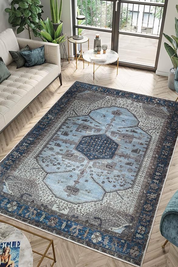 Keen Home Design 8x10 Rug - Machine Washable Area Rug with Non-Slip Backing, Ideal for Living Room, Dining Room, Bedroom - Vintage, Easy Clean, Durable, Low Pile Rug - (8' x 10')
