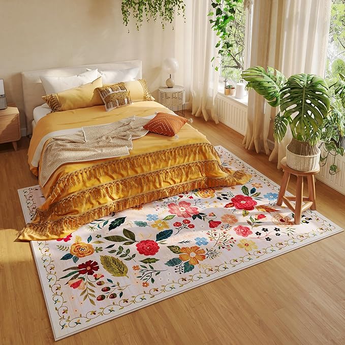 Area Rugs 9x12 Living Room Clearance Washable Boho Rug Non Slip Floral Vintage Low Pile Large Rug for Living Room, Bedroom, Farmhouse, Dining Room, Kids Playroom(Beige)