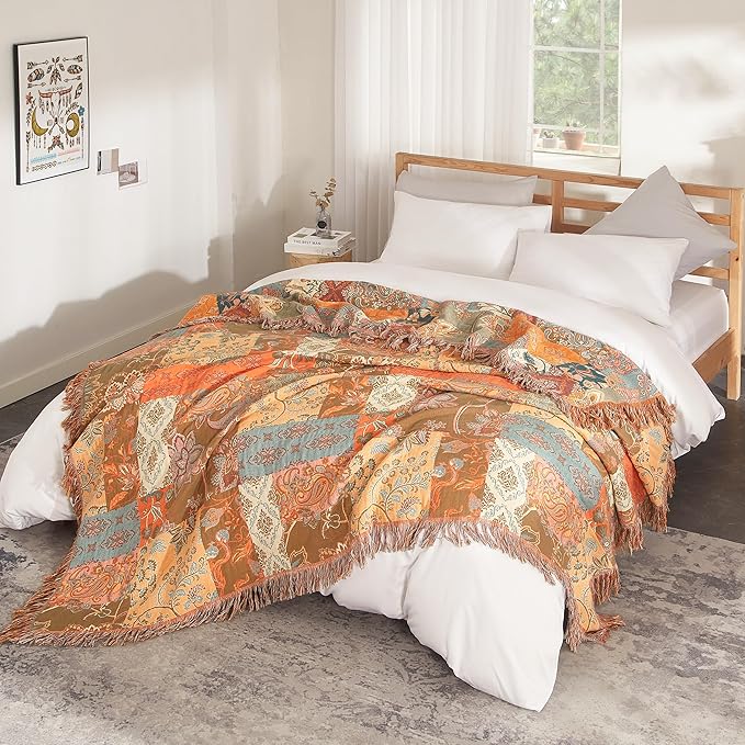 Boho Throw Blanket for Bed 60”x80”, 100% Cotton Woven Blanket for Couch Sofa, Ultra Soft 4-Layer Muslin Quilt with Patchwork Floral Printed, Farmhouse Bed Blanket/Cover for Living Room Decor