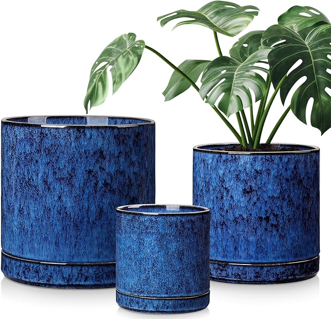 vancasso Ceramic Planters, Plant Pots for Indoor Plants, 6.25+8.25+10.25 Inch Ceramic Pots for Plants, Flower Pots with Drainage Holes (Blue, 6.25+8.25+10.25 Inch)