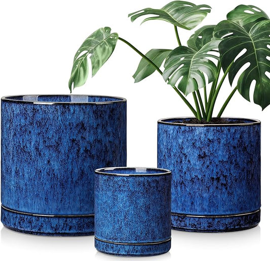 vancasso Ceramic Planters, Plant Pots for Indoor Plants, 6.25+8.25+10.25 Inch Ceramic Pots for Plants, Flower Pots with Drainage Holes (Blue, 6.25+8.25+10.25 Inch)