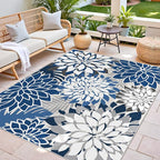 Indoor Outdoor Area Rug Washable Multicolored Patio Rug Tropical Botanical Modern Floral Indoor Outdoor Carpet Blue White Rug Non Slip for Patio, Deck, Backyard, Porch (8x10)