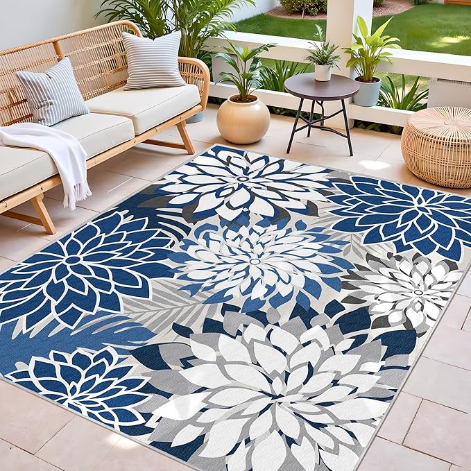 Indoor Outdoor Area Rug Washable Multicolored Patio Rug Tropical Botanical Modern Floral Indoor Outdoor Carpet Blue White Rug Non Slip for Patio, Deck, Backyard, Porch (6x9)