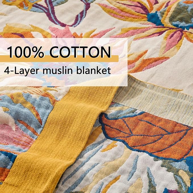 Boho Throw Blanket for Bed, Lightweight Reversible Quilt, Fall Cotton Blanket, Queen Size Boho Floral Bird Colorful Retro Quilt Ultra Soft Reversible Gauze Blanket for All Season, 80"x90"