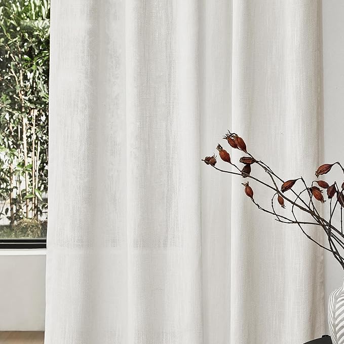 MYSKY HOME Natural Linen White Curtains 84 Inches Long, Semi Sheer Soft Cotton Window Drapes Set for Living Room Back Tab Elegant Cute Look Country Bedroom Curtains, 50" x 84", Beige, Pack-2