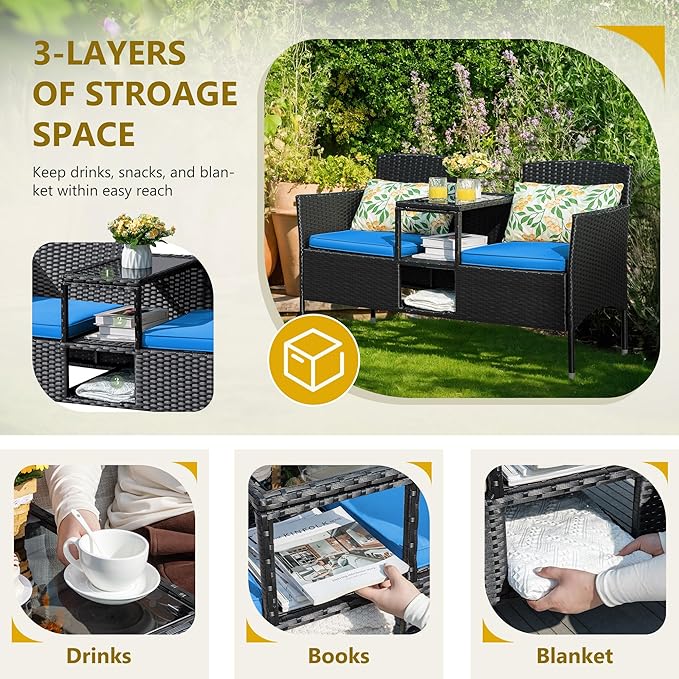 Flamaker Outdoor Furniture Patio Loveseat Wicker 2-Seat with Built-in Table and Cushions Rattan Porch Chairs Bench for Balcony, Lawn, Backyard (Blue)