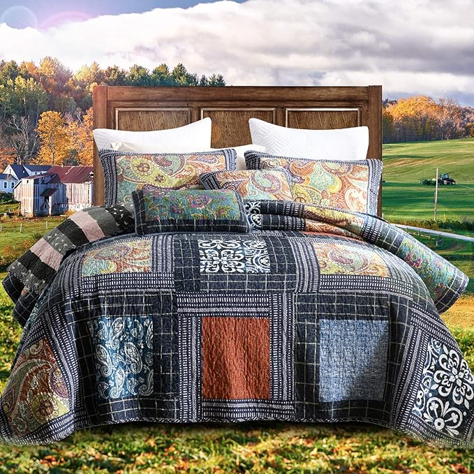 NEWLAKE Cotton Patchwork Bedspread, 3-Piece Bedding Quilt Set with Real Stitched Embroidery, Reversible Matelasse Bed Coverlet Set,Vintage Flowery Grid,Queen Size