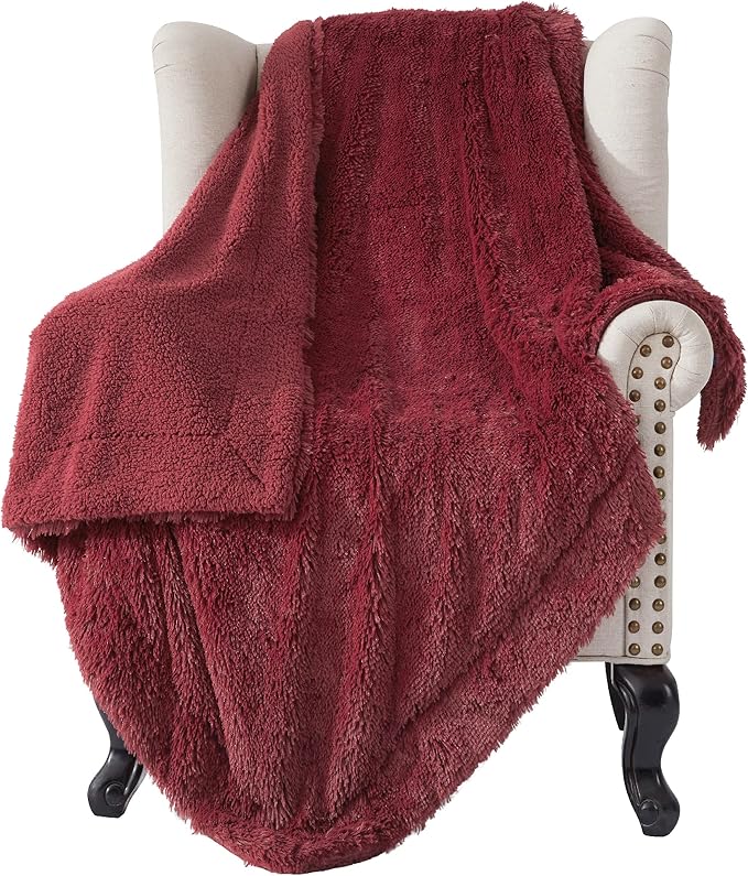 Bedsure GentleSoft Fuzzy Sherpa Faux Fur Twin Blanket Burgundy Red Cozy Gifts for Women Men, Soft Fleece Plush Warm Minky Thick Blanket Twin Size for Bed, Dorm Essentials Red Room Decor Gifts, 60x80
