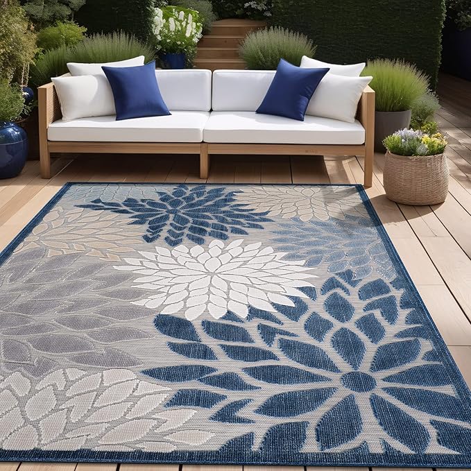 Beverly Rug Outdoor Rug 9x12 Large Modern Floral Tropical Area Rugs for Indoor and Outdoor Patio Easy to Clean Non Shedding Living Room Porch Garden Washable Outside Carpet (9 x 12 Blue)