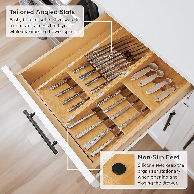 Premium Cutlery, Flatware, and Silverware Drawer Organizer – Slanted 3-Compartment Design with Labeled Slots, Non-Slip Feet, 100% Sustainable Bamboo, 2 Pack