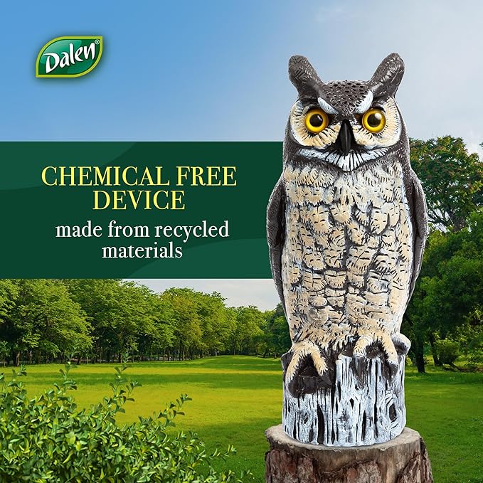 Dalen Large Fake Owl Decoy to Scare Birds Away - Garden Scarecrow Provides Natural Pest Control - 16" Tall - Great Horned Owl