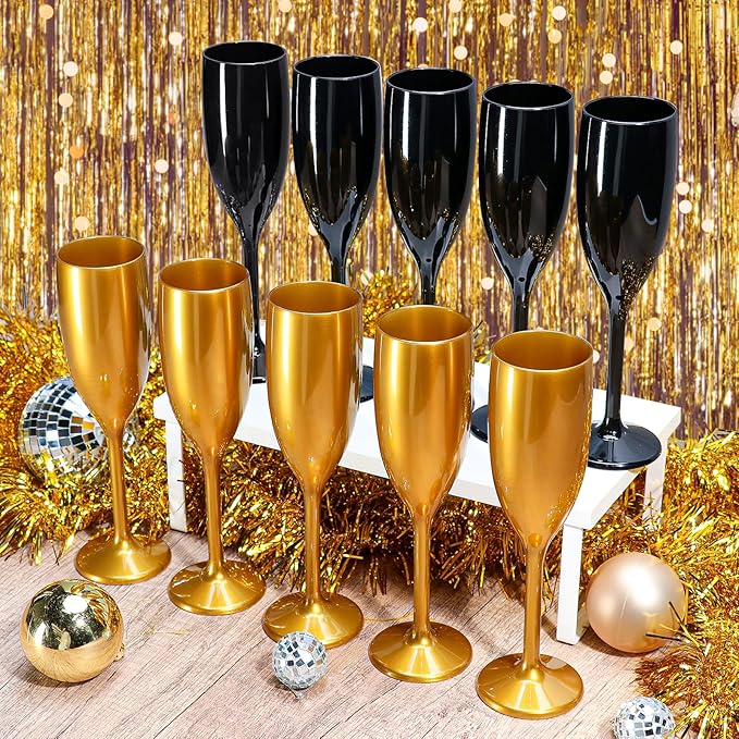 XUWAIDSGN Acrylic Champagne Flutes Toasting Glasses Unbreakable Mimosa Bar Reusable Wine Glasses Vintage Champagne Flutes Stemmed Drinking Cups 5.4 OZ for Christmas Birthday (100, Black)