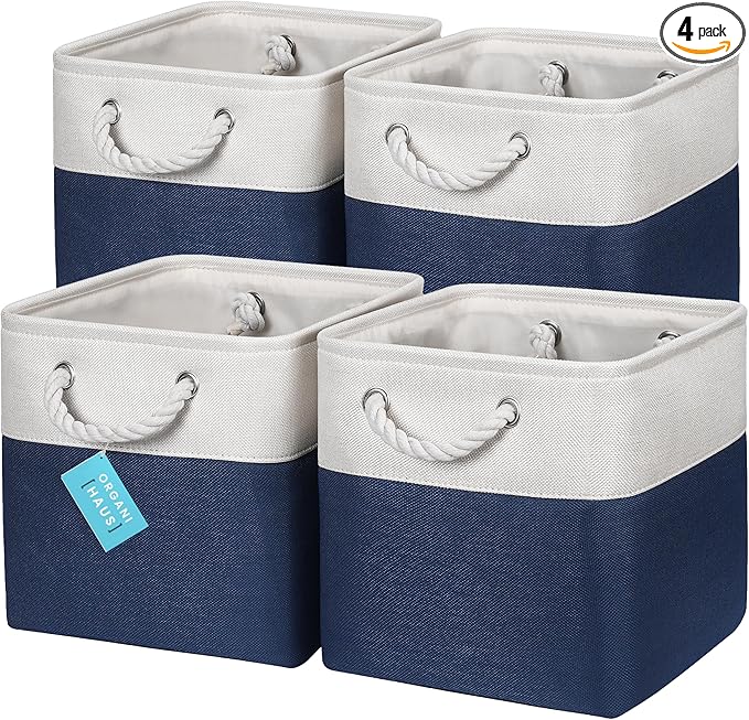 OrganiHaus 11x11 Cube Storage Bins 4 Pack, Foldable Cube Storage Organizer w/ Rope Handles, Collapsible Fabric Bins for Toys, Clothes & Closet Organization, Fabric Square Baskets - Navy Blue
