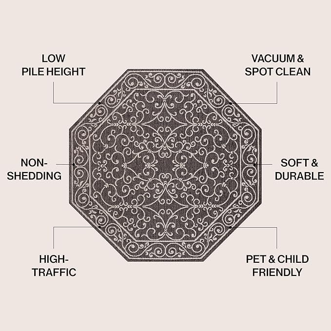 JONATHAN Y Vintage Filigree Indoor Outdoor Octagon Area Rug 5 Ft Black/Gray, Charleston Textured Weave for Backyard, Patio, Porch, Easy-Cleaning, High Traffic, Pet-Friendly, Non-Shedding SMB106G-5TGN