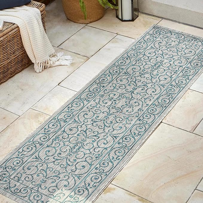 JONATHAN Y Vintage Filigree Indoor Outdoor Runner Rug 2X8 Gray/Teal, Charleston Textured Weave for Backyard, Patio, Porch, Easy-Cleaning, High Traffic, Pet-Friendly, Non-Shedding (SMB106E-28)