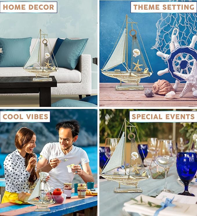 Puzzled Baja Haven Sailboat Decor - Handmade Beach Themed Wooden Boat Home Decor for Living Room Shelves, Tabletop, Desk, Cute Nautical Party Decorations - 14.5 Inches