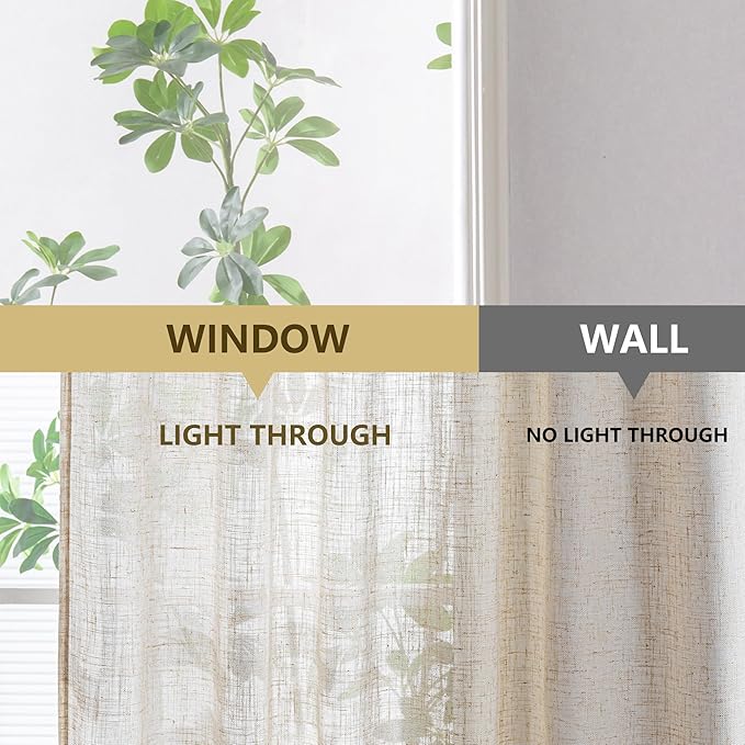 MYSKY HOME Linen Curtains for Living Room, Natural Semi Sheer Curtains & Drapes Light Filtering Farmhouse Country Boho Style Back Tab Draperies for Sliding Glass Door (Customsize, Linen)