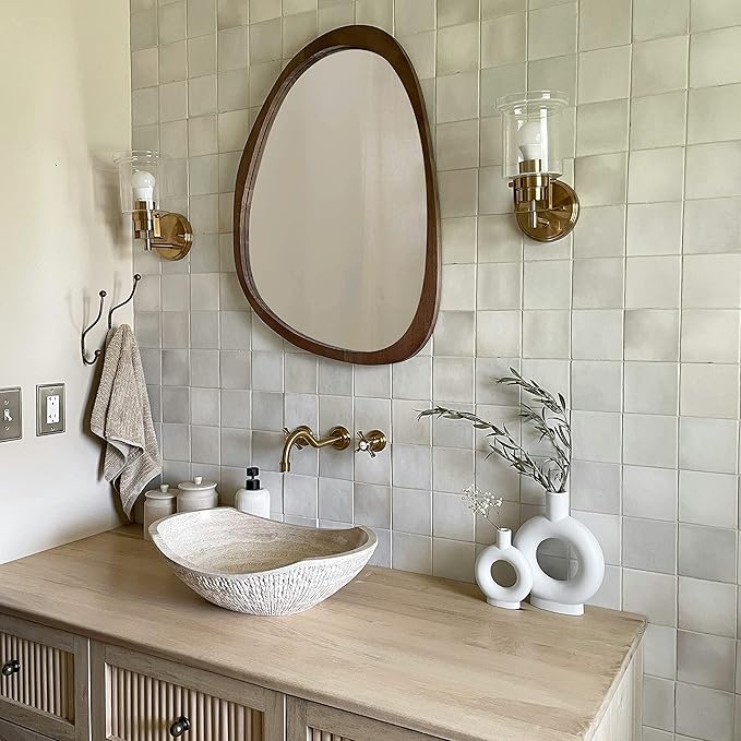 Irregular Wood Frame Boho Mirror - Large Wall Mounted Accent, Asymmetrical, Modern Aesthetic Wall Decor for Bedroom, Entryway, Living Room, Bathroom (Brown)