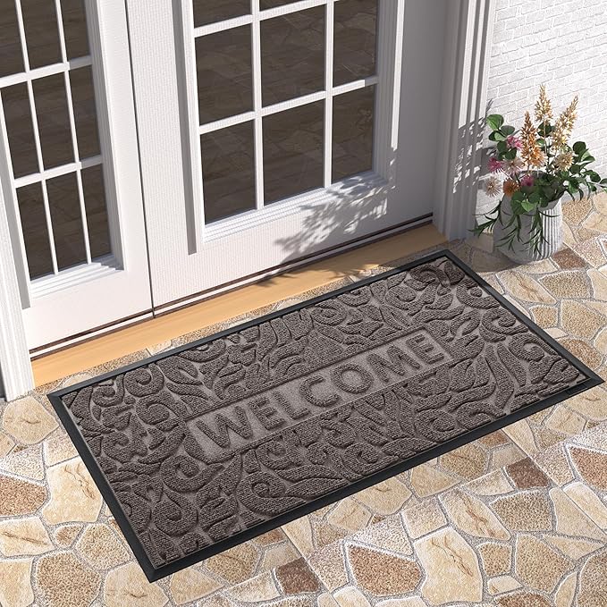 Yimobra Welcome Front Door Mat Outdoor, Heavy Duty Sturdy Non Slip Doormats, Rubber Backing, Low-Profile Entrance Rugs, Absorbent Resist Dirt, Easy Clean Patio Garage Floor Mats, 47X24 Inch, Brown