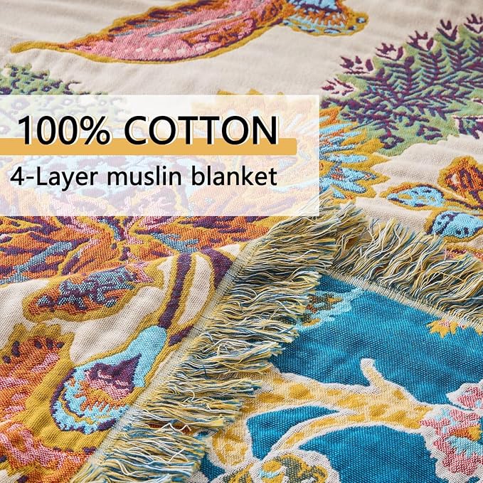 100% Muslin Throw Blanket for Couch, Butterfly and Floral Double Embroidery Fall Throw Blanket 60"x80" for Sofa, Chair, Woven Cotton Reversible Mexican Blanket