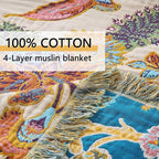 100% Cotton Summer Boho Throw Blanket, King Size Living Room Reversible Blanket, Boho Floral Bird Colorful Retro Quilt Ultra Soft Reversible Gauze Blanket for All Season, 90"x98"