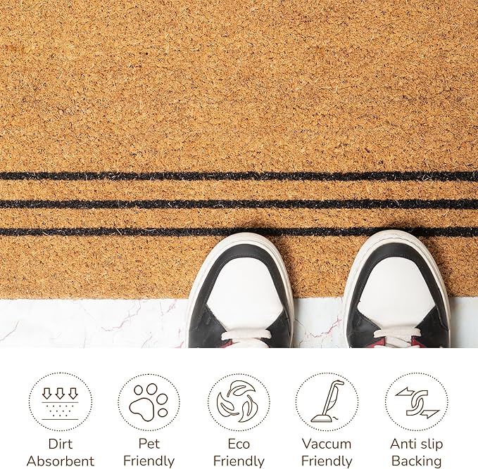 Welcome Doormats, Natural Coco Coir Mats with Non-Slip PVC Backing, Indoor Outdoor Mats for Home & Office, Floor Mats for Door Decor, Plain Entry Mat with Stripes, Beige & Black, 30"x17"