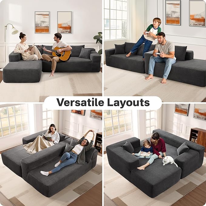 104" Cloud Sectional Couches for Living Room,L Shaped Boneless Couch in A Box,Sleeper Sofa with Comfy Chaise No Assembly Required,Grey