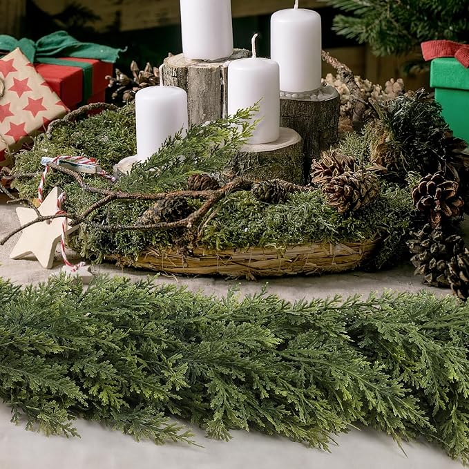 N&T NIETING 9ft Christmas Cedar Garland with Realistic Soft Thickness Pine, Artificial Green Faux Cedar Pine Garland for Fireplace Mantle Fireplace Indoor Outdoor Holiday Party Home Decoration
