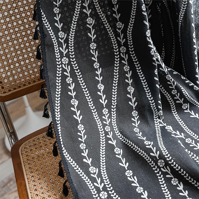 Sutuo Home Boho Curtains 96 Inches Long for Bedroom Living Room Kitchen, Stripe Floral Bohemian Tassels Country Window Treatment Drape for Halloween Decorations Rod Pocket, 1 Panel 59"W x 96"L,Black