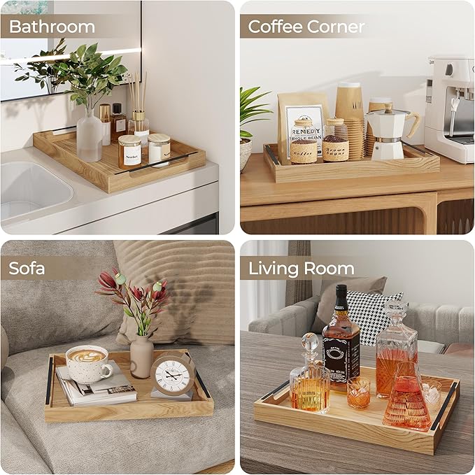 Axeman Wooden Serving Tray with Metal Handles|Ottoman Tray for Breakfast, Bed, Couch|17x13in Ash Wood Coffee Table Trays|Food Drinks Decorative Storage Boards for Ottoman Kitchen, Natural