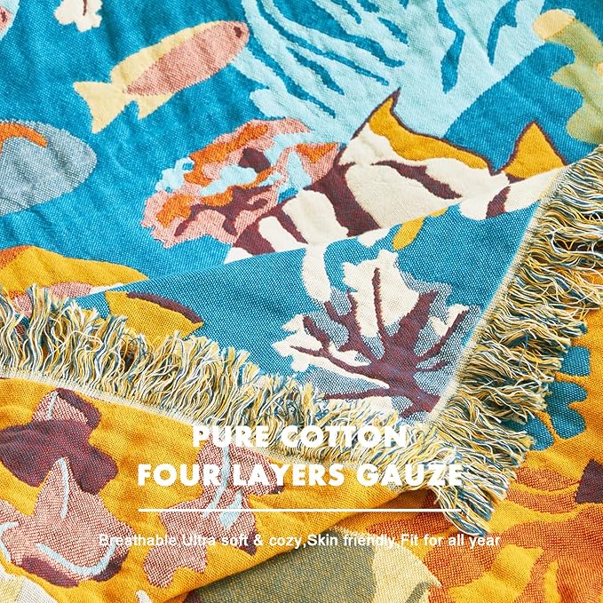 MSGKV Throw Blanket for Couch Cotton Muslin Breathable Cute Ocean Animals Blanket 50"x60" Sofa Chair Blankets for All Seasons Lightweight Farmhouse Blankets Home Decor