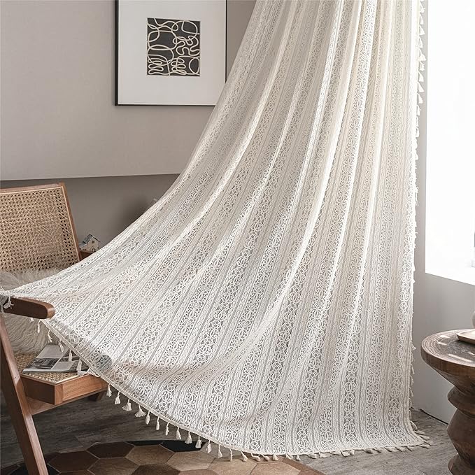 Sutuo Home Boho Curtain Crochet Lace Semi-Sheer Florals Hollow Knitted Handmade Tassels, Rod Pocket Window Treatment Vintage Rustic Farmhouse Drapes for Living Bedroom, 1 Panel 59" W x 96" L, Beige