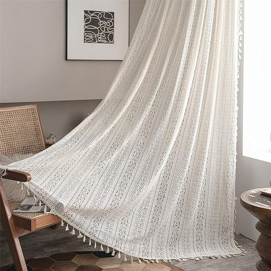 Sutuo Home Boho Curtain Crochet Lace Semi-Sheer Florals Hollow Knitted Handmade Tassels, Rod Pocket Window Treatment Vintage Rustic Farmhouse Drapes for Living Bedroom, 1 Panel 59" W x 96" L, Beige