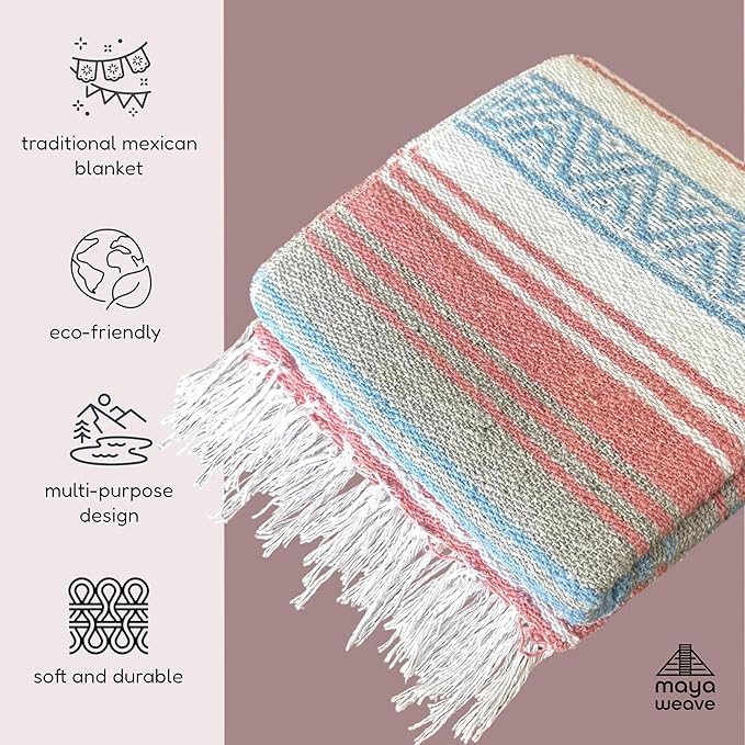 Traditional Handwoven Mexican Blanket, Large Falsa Serape - Soft & Durable - Vibrant Beach, Picnic, Yoga & Camping Mat - Lightweight Boho Throw 70"x50" (Bubblegum)