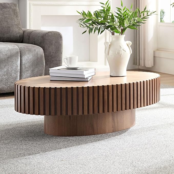 Oval Coffee Table for Living Room, Modern Fluted Coffee Tables with Pedestal Base, Handcrafted Centre Tea Tables Easy Assembly-43.7" Walnut