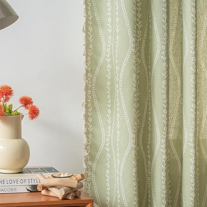 Sutuo Home Green Boho Curtains 84 Inches Long for Bedroom Living Room Dining Room, Bohemian Stripe Floral Vintage Tassels Window Treatment Drape for Easter Decor Rod Pocket, 1 Panel 59" W x 84" L