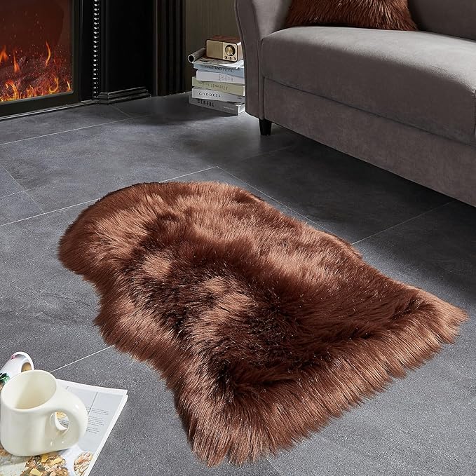 AMTOVO Faux Fur Rug, Coffee Small Area Rug, Fluffy Sheepskin Rug, Fuzzy Ultra Soft 2 x 3 ft Shag Rugs for Bedroom Sofa Throw Cushion Room Decor, Sheepskin