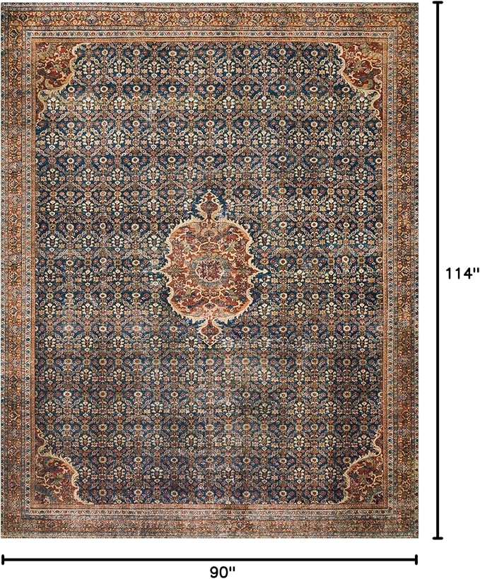 Loloi Layla Collection LAY-09 Cobalt Blue/Spice 7'-6" x 9'-6" .13" Thick Area Rug, Soft, Durable, Vintage Inspired, Distressed, Low Pile, Non-Shedding, Easy Clean, Printed, Living Room Rug