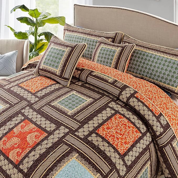 NEWLAKE Cotton Patchwork Bedspread, 3-Piece Bedding Quilt Set with Real Stitched Embroidery, Reversible Matelasse Bed Coverlet Set,Bohemian Farmhouse,King Size