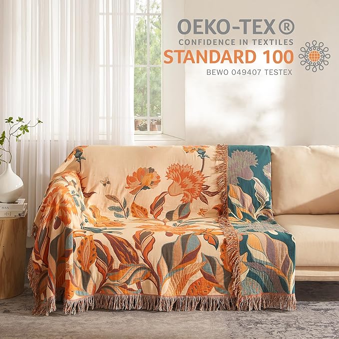 Boho Throw Blanket for Bed 80”x90”, 100% Cotton Woven Blanket for Couch Sofa, Ultra Soft 4-Layer Muslin Quilt with Floral Printed, Farmhouse Bed Blanket/Cover for Living Room Decor