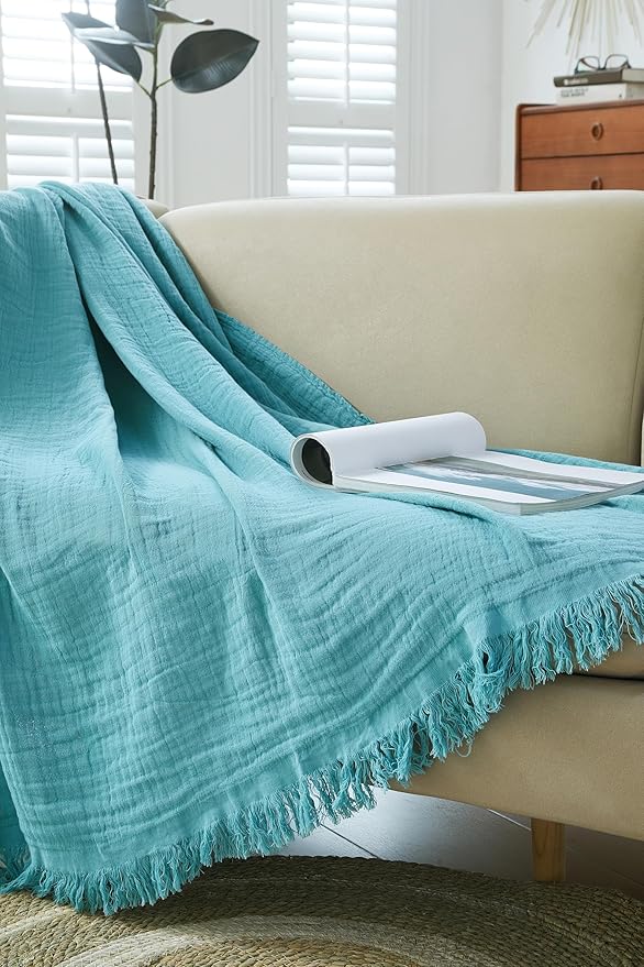 100% Cotton Muslin Throw Blanket for Bed, Couch, Small, Decorative, Soft, Pre-Washed, Breathable and Lightweight Gauze Blanket with Fringes, Suitable for All Seasons, Teal, 50"x60"